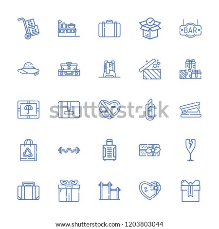 Collection of 25 pack outline icons include icons such as briefcase, fragile, present, paper bag, package, gift, bar, pamela, suitcase, gifts, packs, stapler remover, backpack