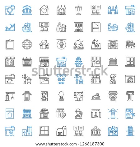 building icons set. Collection of building with phone booth, store, cabins, bank, barn, window, industry, house, tax, lighthouse, temple of apollo. Editable and scalable building icons.