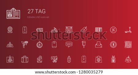 tag icons set. Collection of tag with shopping, marker, discount, google maps, suitcase, id card, inbox, pin, sos, luggage, limited time, shower. Editable and scalable tag icons.