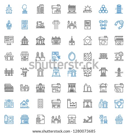 building icons set. Collection of building with shop, chimney, gym station, school, pierrade, real estate, blueprint, house, cabin, temple of apollo. Editable and scalable building icons.