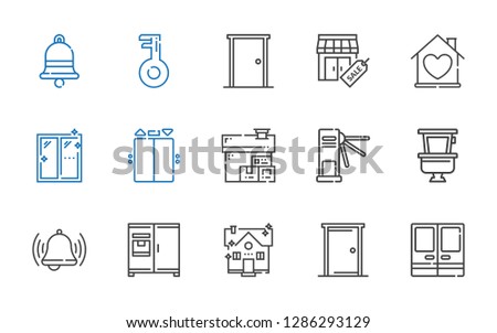 door icons set. Collection of door with doors, house, fridge, bell, toilet, turnstiles, elevator, window, stores, key. Editable and scalable door icons.