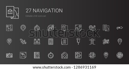navigation icons set. Collection of navigation with mobile map, menu, location, compass, divider, route, map, lighthouse, pin, pause, binocular. Editable and scalable navigation icons.