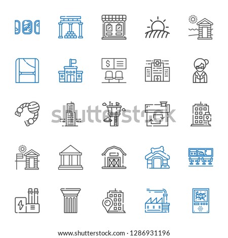building icons set. Collection of building with domotics, factory, column, industry, airport, dog house, barn, museum, cabin, house, control tower. Editable and scalable building icons.