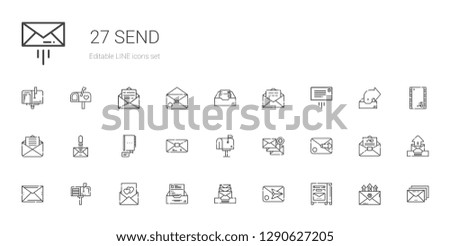 send icons set. Collection of send with mailbox, email, inbox, love letter, mail, contact, message, envelope, outbox. Editable and scalable send icons.