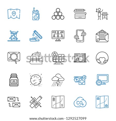 technology icons set. Collection of technology with map, co, hubble space telescope, mailing, computer, robot, storm, moon, conserve, pluto. Editable and scalable technology icons.