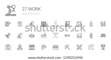 work icons set. Collection of work with pencil, window cleaner, candidates, co, crayon, salesman, briefcase, armchair, stamp, iron table, working. Editable and scalable work icons.