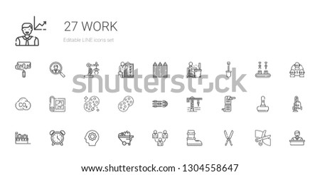 work icons set. Collection of work with shears, boots, teamwork, wheelbarrow, gear, alarm clock, suitcase, scroll, crane, settings, sponge, blueprint. Editable and scalable work icons.