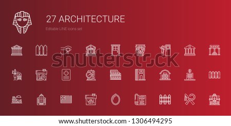 architecture icons set. Collection of architecture with fence, blueprint, window, house, greece, office building, colosseum, barn, divider. Editable and scalable architecture icons.