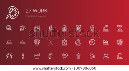 work icons set. Collection of work with helmet, pencil, co, paint, washing, paint brush, trowel, saw, industrial robot, painting, iron table. Editable and scalable work icons.