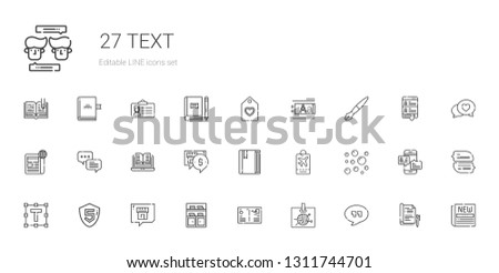 text icons set. Collection of text with quotes, id card, postcard, bookshelf, chat, html, text formatting, bubbles, tag, book, open book, newspaper. Editable and scalable icons.