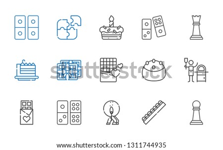 piece icons set. Collection of piece with pawn, chocolate, match, domino, pizza, cake, cake slice, chess piece, puzzle. Editable and scalable icons.