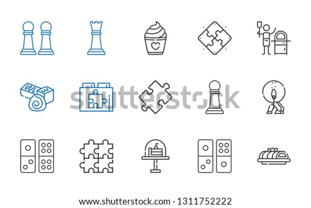 piece icons set. Collection of piece with cake, domino, puzzle, match, pawn, web plugin, chocolate, pizza, chess piece. Editable and scalable piece icons.