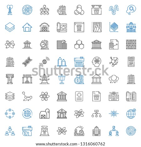 structure icons set. Collection of structure with atoms, office building, earthquake, atomic, nuclear plant, mortgage, hierarchical structure. Editable and scalable structure icons.