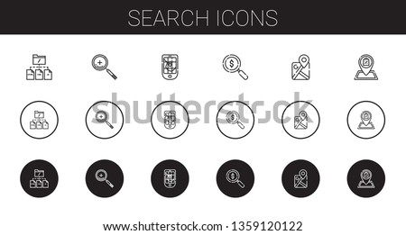 search icons set. Collection of search with file, zoom in, gps, loupe, google maps, shop. Editable and scalable search icons.