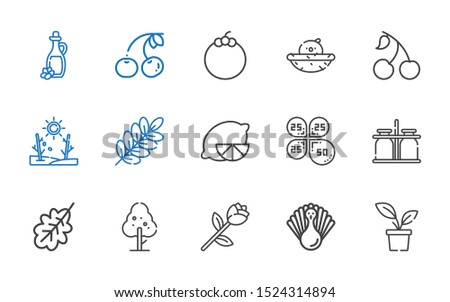 natural icons set. Collection of natural with plant, turkey, rose, tree, oak leaf, milk jar, petals, lemon, branch, drought, cherry, chick. Editable and scalable natural icons.