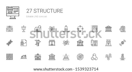 structure icons set. Collection of structure with molecule, atoms, pyramid chart, parthenon, fire station, proteins, binary code, blueprint. Editable and scalable structure icons.