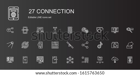 connection icons set. Collection of connection with cloud folder, signal, network, smartphone, computer, news, settings, share, satellite. Editable and scalable connection icons.