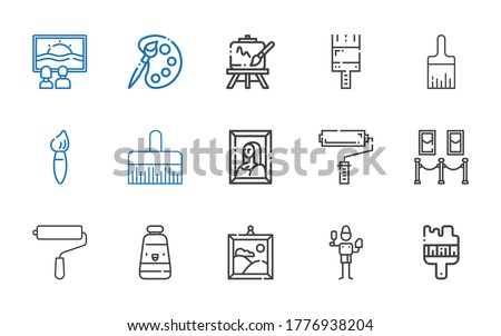 painter icons set. Collection of painter with brush, painting, oil paint, paint roller, paint brush, easel, palette, canvas. Editable and scalable painter icons.