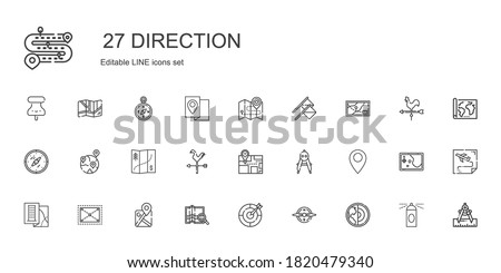 direction icons set. Collection of direction with earth, compass, dart board, map, google maps, expand, pin, weathercock, geolocalization. Editable and scalable direction icons.