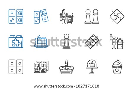 piece icons set. Collection of piece with cake, chocolate, domino, pizza, chess piece, cake slice, web plugin, puzzle, pawn, tandoor. Editable and scalable icons.