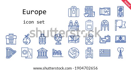 europe icon set. line icon style. europe related icons such as news, eiffel tower, flag, suitcase, maps, earth globe, harp, google maps, planet earth, greece, parthenon, travel, map