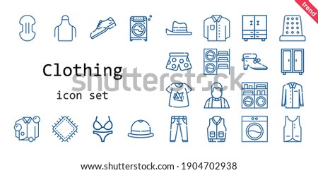 clothing icon set. line icon style. clothing related icons such as washing machine, pants, compress, thimble, vest, closet, priest, jacket, apron, shoes, jeans, patch, shirt, bikini, tshirt, hat, shoe