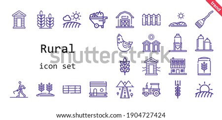 rural icon set. line icon style. rural related icons such as wheelbarrow, broom, cabin, silo, farmer hoeing, hen, farm house, chicken coop, field, road, barn, tractor, wheat, hay bale, fence, cabins, 