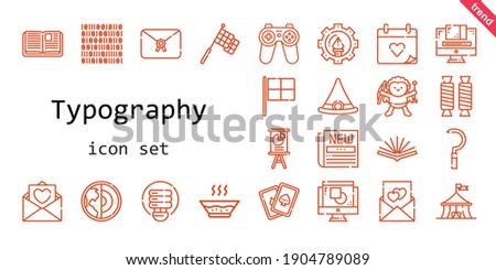 typography icon set. line icon style. typography related icons such as newspaper, light bulb, soup, cards, racing, sickle, wedding day, graphic design, presentation, cupid, open book, witch hat