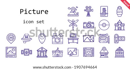 picture icon set. line icon style. picture related icons such as image, tv table, pirate, castle, video camera, bird cage, photo, camcorder, wedding video, photo camera, picture, dragonfly, pokeball