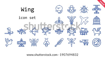 wing icon set. line icon style. wing related icons such as plane, bee, bird cage, quill, ladybug, zeppelin, pegasus, swans, cupid, dragonfly, helicopter, dove, butterfly, feathers, airplane, bird