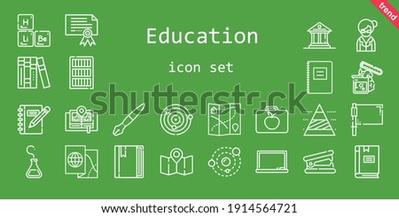 education icon set. line icon style. education related icons such as blackboard, stapler remover, test tube, flag, solar system, book, certificate, librarian, pyramid chart, periodic table, atoms