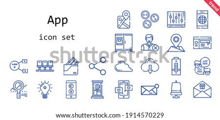 app icon set. line icon style. app related icons such as website, buttons, fridge, wallet, smartphone, idea, phone box, battery, message, sharing, seats, google maps, analytics, chat