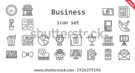 business icon set. line icon style. business related icons such as news, newspaper, goal, shop, earth globe, wall clock, control tower, clipboard, pause, flower, trash