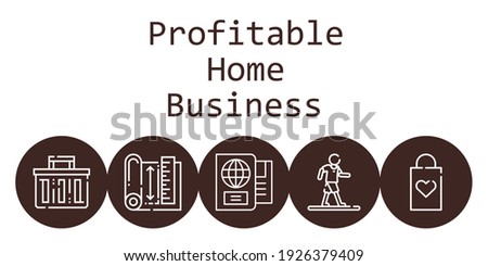 profitable home business background concept with profitable home business icons. Icons related blueprint, shopping bag, passport, walking, shopping basket