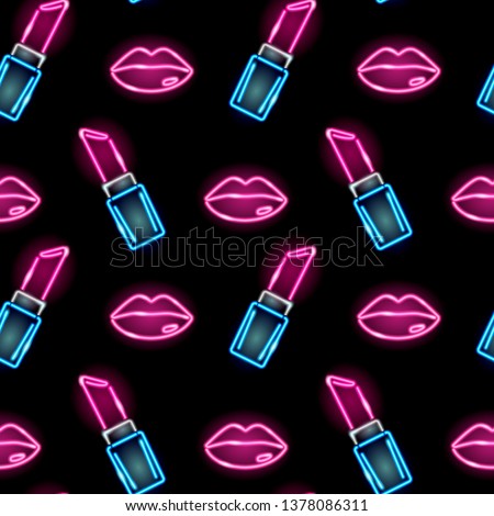Seamless pattern with neon icons of lipstick and female lips on dark background. Cosmetics, girly, fachion, makeup concept. Vector 10 EPS illustration.