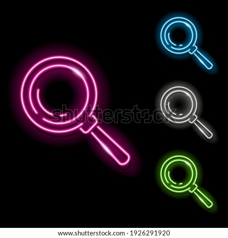 Set of neon magnifier icons in four different colours isolated on black background. Loupe, search, explore, zoom concept. Night signboard style. Vector 10 EPS illustration.