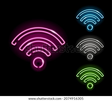 Set of neon wi-fi symbol icons in four different colours isolated on black background. Connection, internet, web, wifi concept. Night signboard style. Vector 10 EPS illustration.