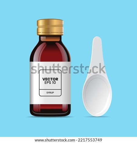 syrup glass bottle and spoon. for mock up , symbol, icon, banner, medical product template. 3d realistic vector illustration
