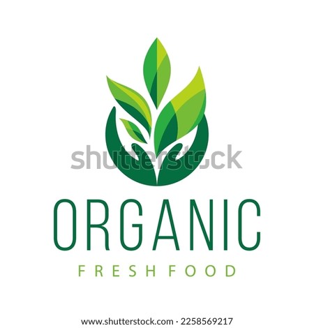 Organic Fresh Food Logo design. silhouette of Two Hands holding fresh abstract leaves.eps