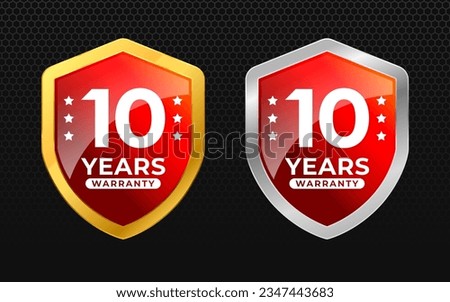 10 years warranty with glossy gold and silver vector shield shape. for label, seal, stamp, icon, logo, badge, symbol, sticker, button