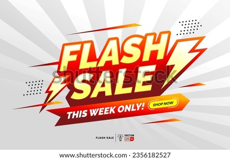 Flash sale vector label with flash icon and extrude long shadow text effect. Design template promotion for banner, social media, website,sign, illustration, banner, symbol, tag, badge, etc.