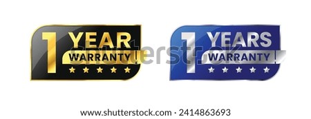 1 Year warranty label, badge, icon, logo. Parallelogram rhombus shape with gold and silver color. Vector Illustration