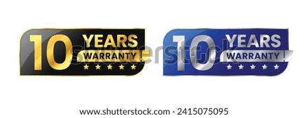 10 Years warranty label, badge, icon, logo. Parallelogram rhombus shape with gold and silver color. Vector Illustration