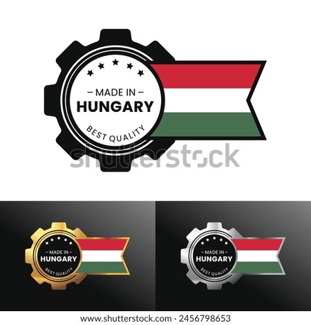 Made in Hungary with gear and flag design. For banner, stamp, sticker, icon, logo, symbol, label, badge, seal, sign. Vector Illustration