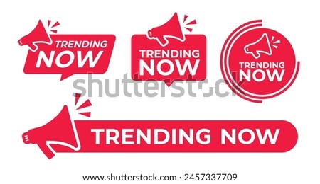 Trending now icon set with text and megaphone vector illustration. Simple, minimalist and modern.