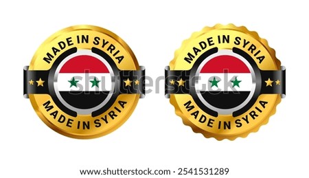 Made in Syria icon a gold circle with a picture of a flag in the middle. For sign, stamp, badge, logo, label, mark, symbol, Banner etc. Modern and minimalist. Vector Illustration