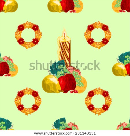 Seamless texture Christmas candle with fruit apple pear grape orange vector illustration