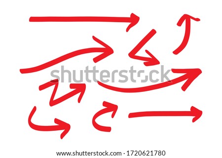 Hand drawn red arrows doodle direction mark. Handmade sketch symbols set on a white background. vector illustration graphic design elements.