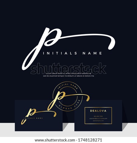 simple elegant initial handwriting letter P on gold color. Luxury vector logotype with business card template