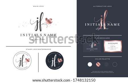 initial letter JF J F handwriting logo design with butterfly. Feminine branding for beauty salon, massage, cosmetics or spa.